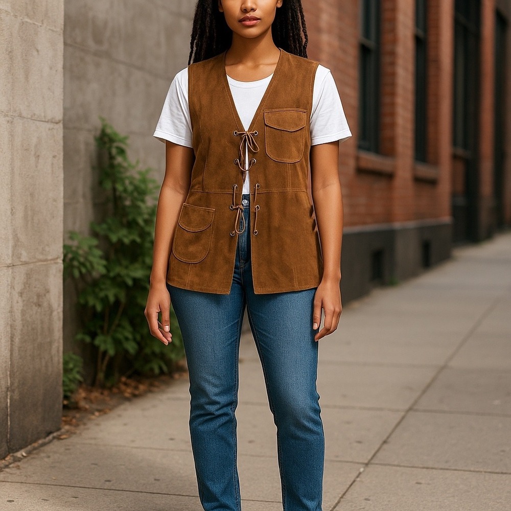 Zara Women's Brown Genuine Suede Vest Tie Front Pig Leather Size S